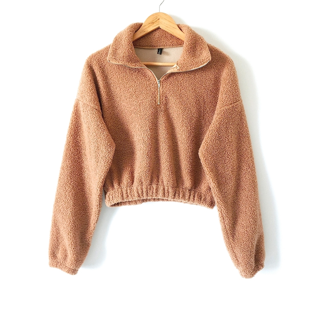 Zaful Sherpa Half Zip Crop Pullover Sweater Sz M